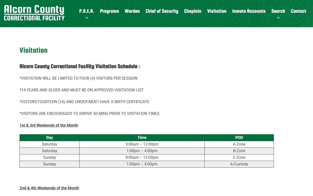 Alcorn County Regional Correctional Facility visitation schedule